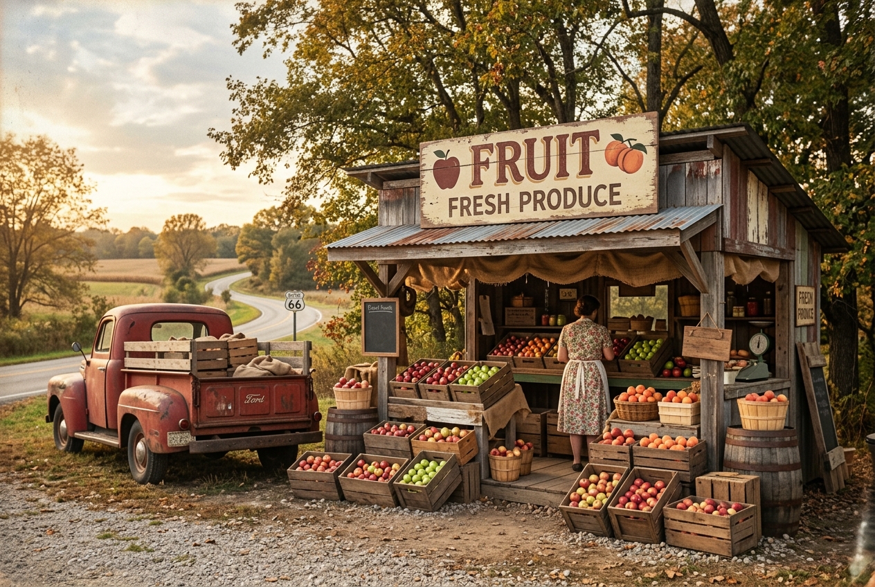 A vintage roadside fruit stand